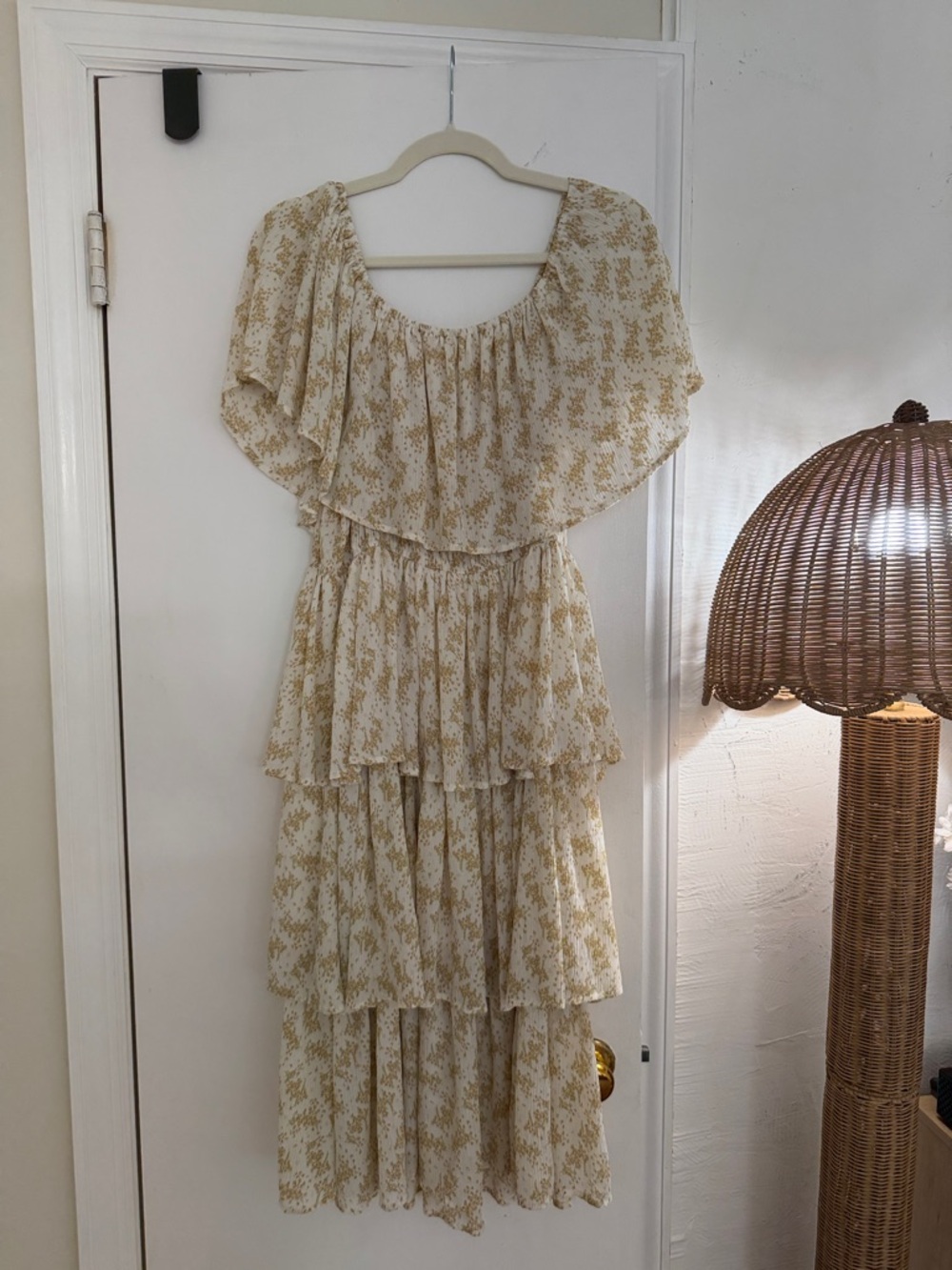 Carly Jean Los Angeles Tiered Ruffle Maxi Dress in Cream and Mustard Floral